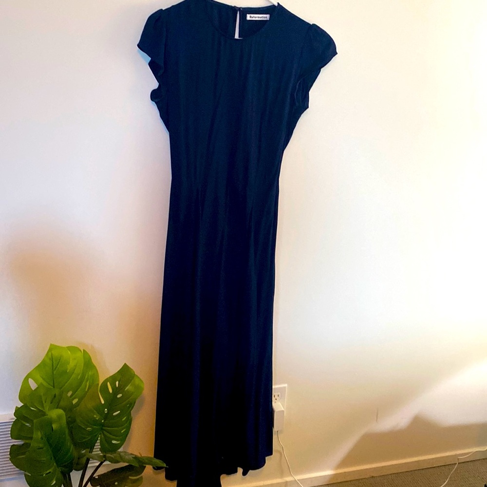 Reformation Gavin Open Back Midi Dress Navy 10 NWT